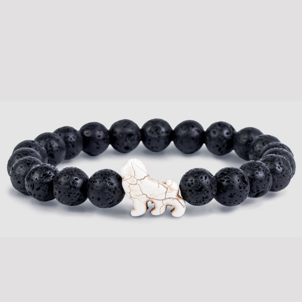 Black Beaded Bracelet with Beige Lion