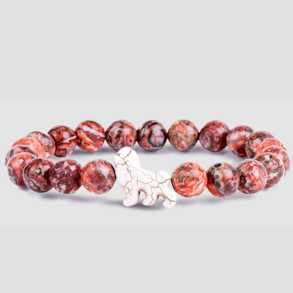 Rust Beaded Bracelet with Beige Lion