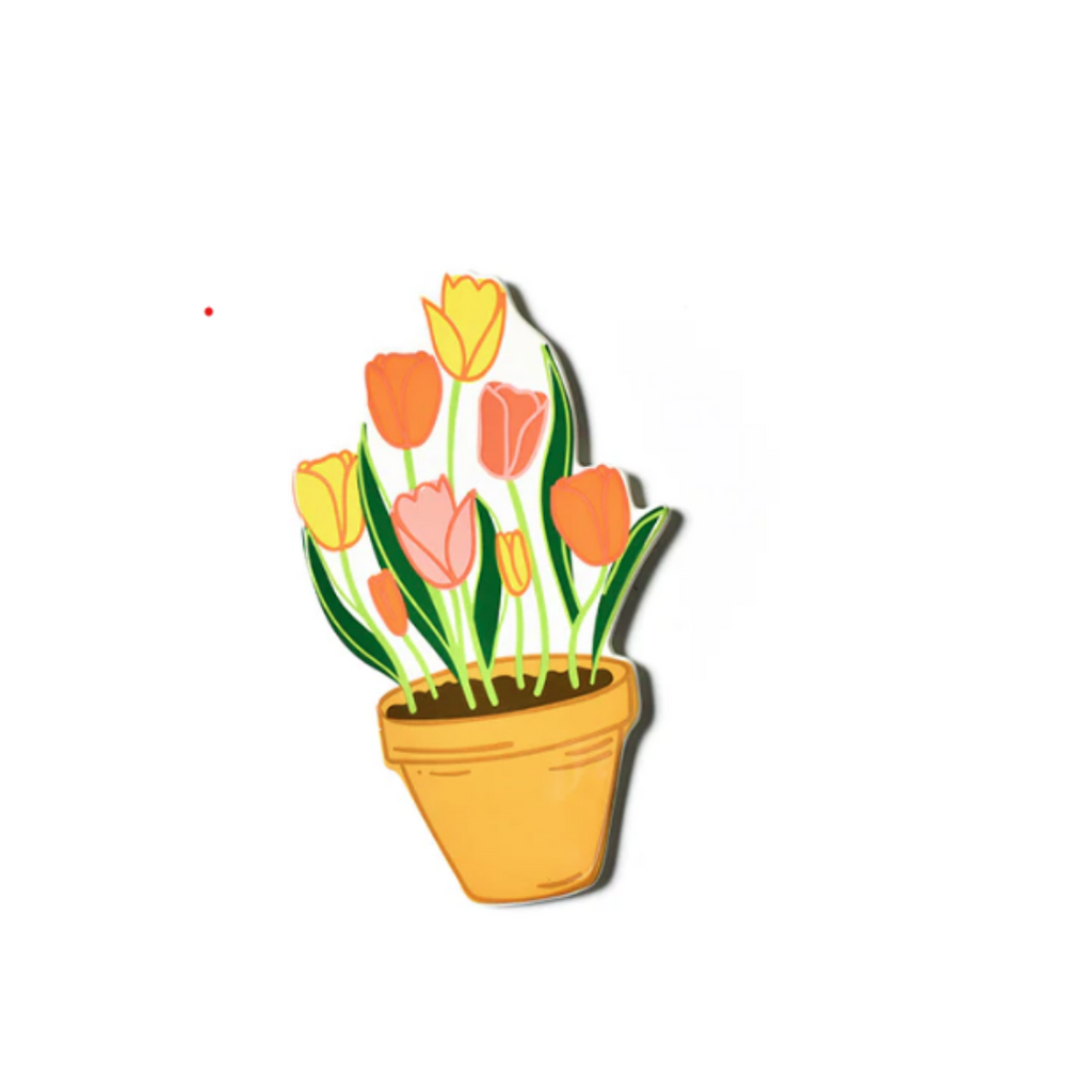 Yellow pot with pink, orange and yellow tulips