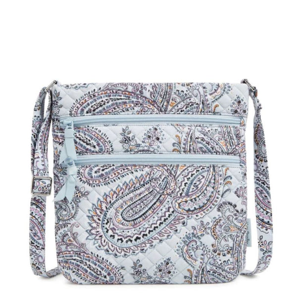 Light Blue and Gray Paisley Crossbody with three zippers