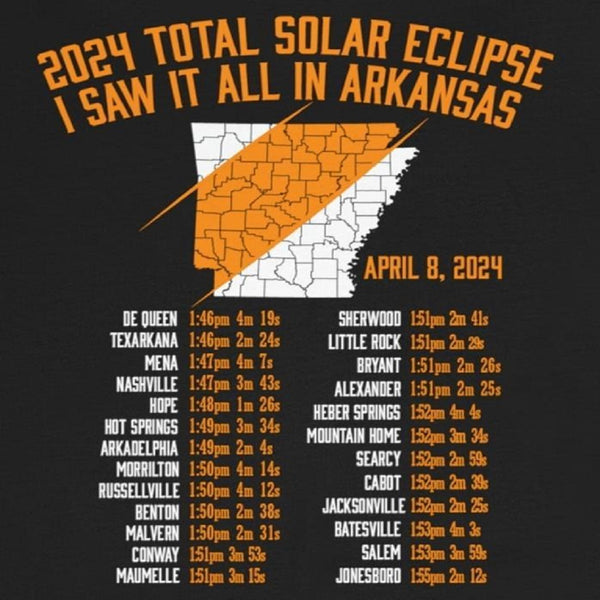 Back of shirt listing cities in the path of totality and the times and duration of the eclipse