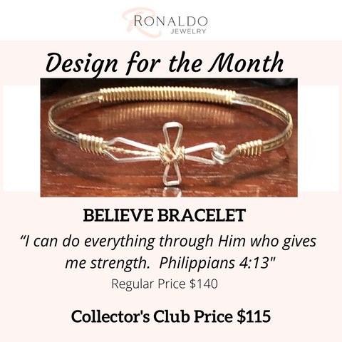 Believe Bracelet by Ronaldo Jewelry on a wooden surface with promotional text.