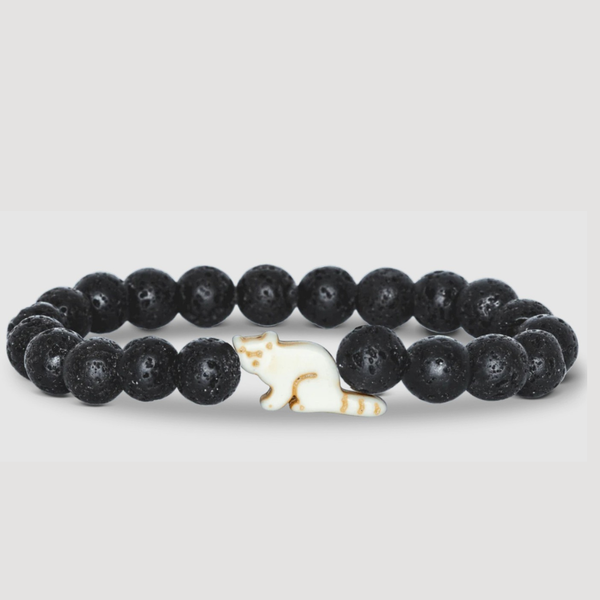 Black beaded bracelet with a red panda shaped  charm on a light gray background