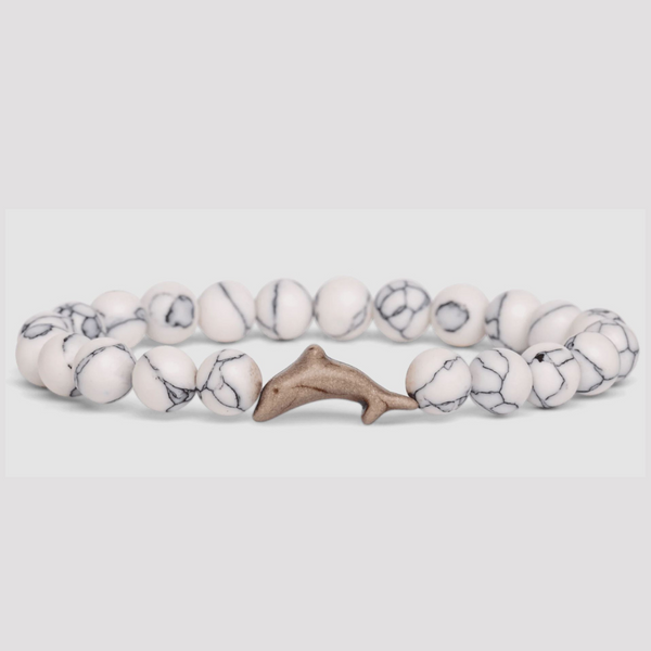 White Marbled Beaded Bracelet with Brown Dolphin