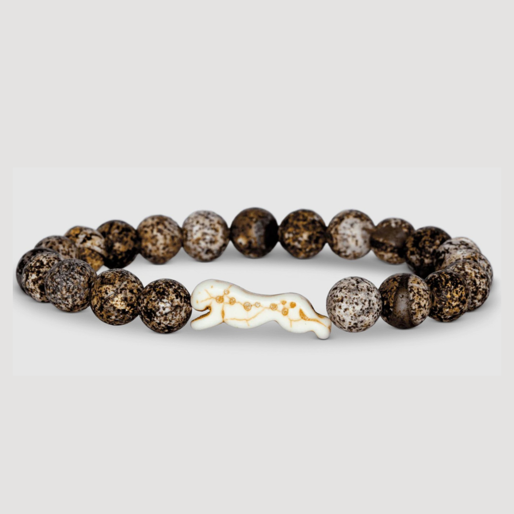 Bracelet with brown beads and a gold and ivory charm on a light gray background