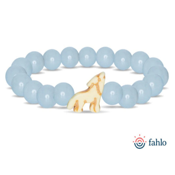 Glow in the Dark Light Blue Beaded Bracelet with Beige Wolf