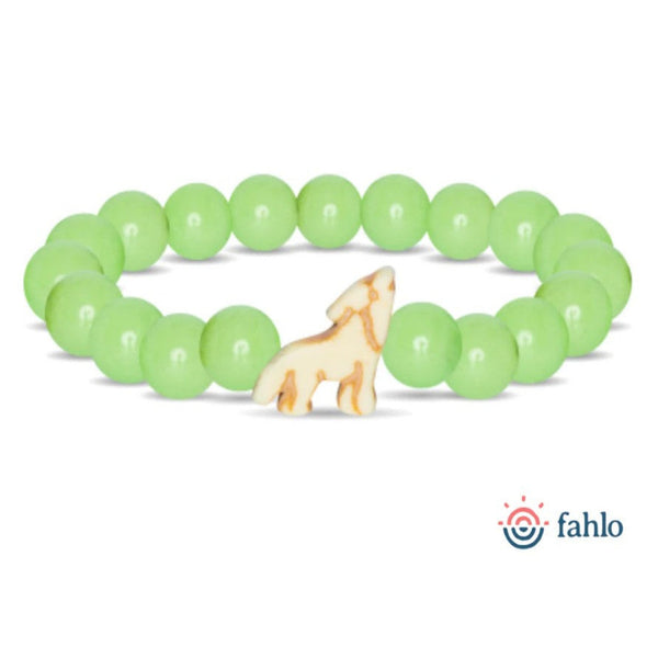 Glow in the Dark Light Green Beaded Bracelet with Beige Wolf