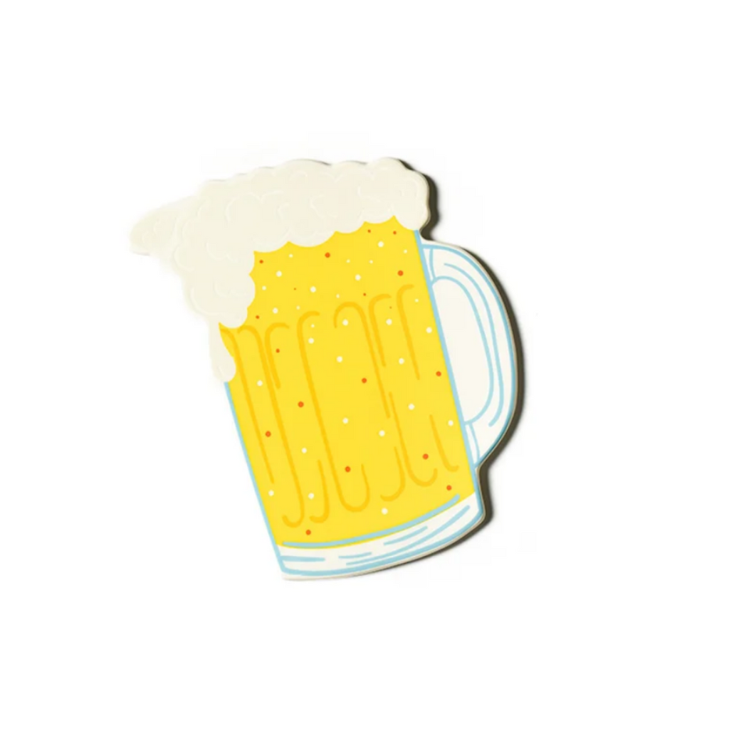 A ceramic cartoon-style beer mug attachment featuring a yellow beer body with white foam, outlined in light blue, on a plain white background.