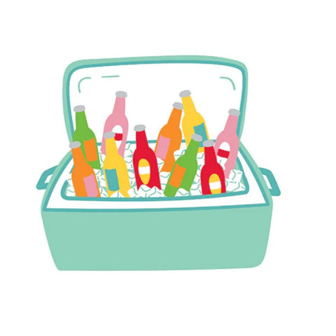 Illustration of a cooler with colorful bottles inside on a white background