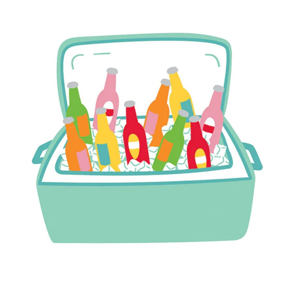 Illustration of a cooler with colorful bottles inside on a white background