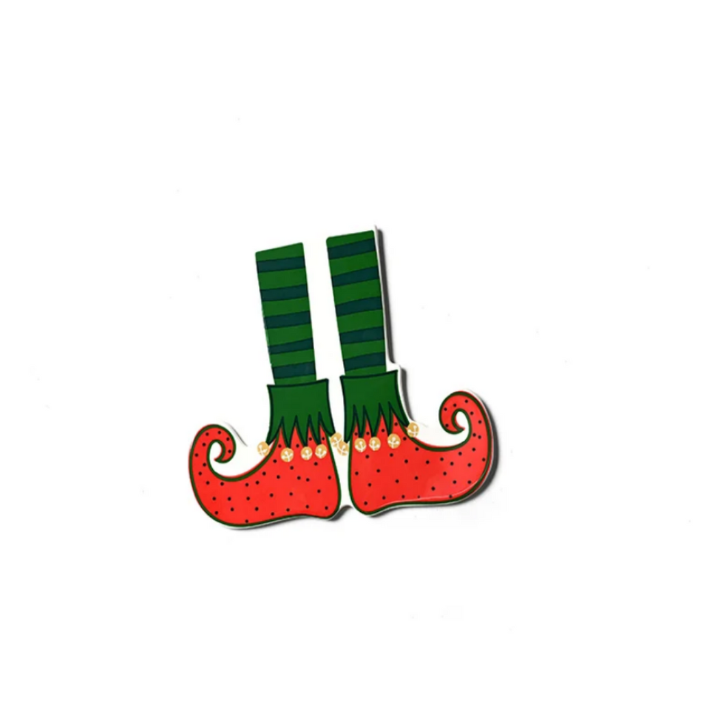 A pair of elf boots with red speckled toes, green striped legs, and small gold bead accents, shown on a plain white background.