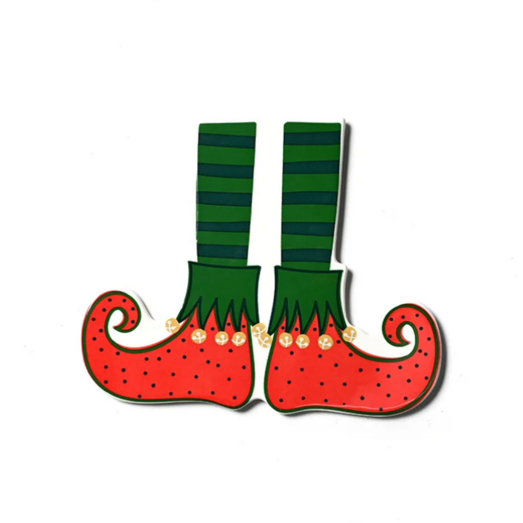 A pair of elf-style shoes with red feet covered in black polka dots, green striped socks, and small gold decorative accents near the top, shown on a plain white background.