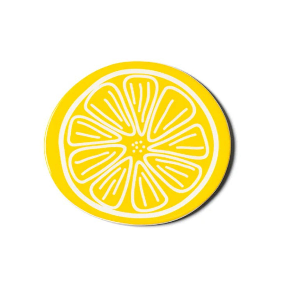 Circular yellow with white lemon slice design on a white background