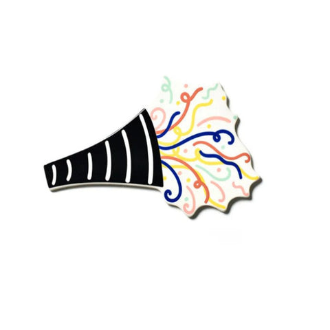 Black and white striped object with colorful, wavy lines emerging from it on a white background