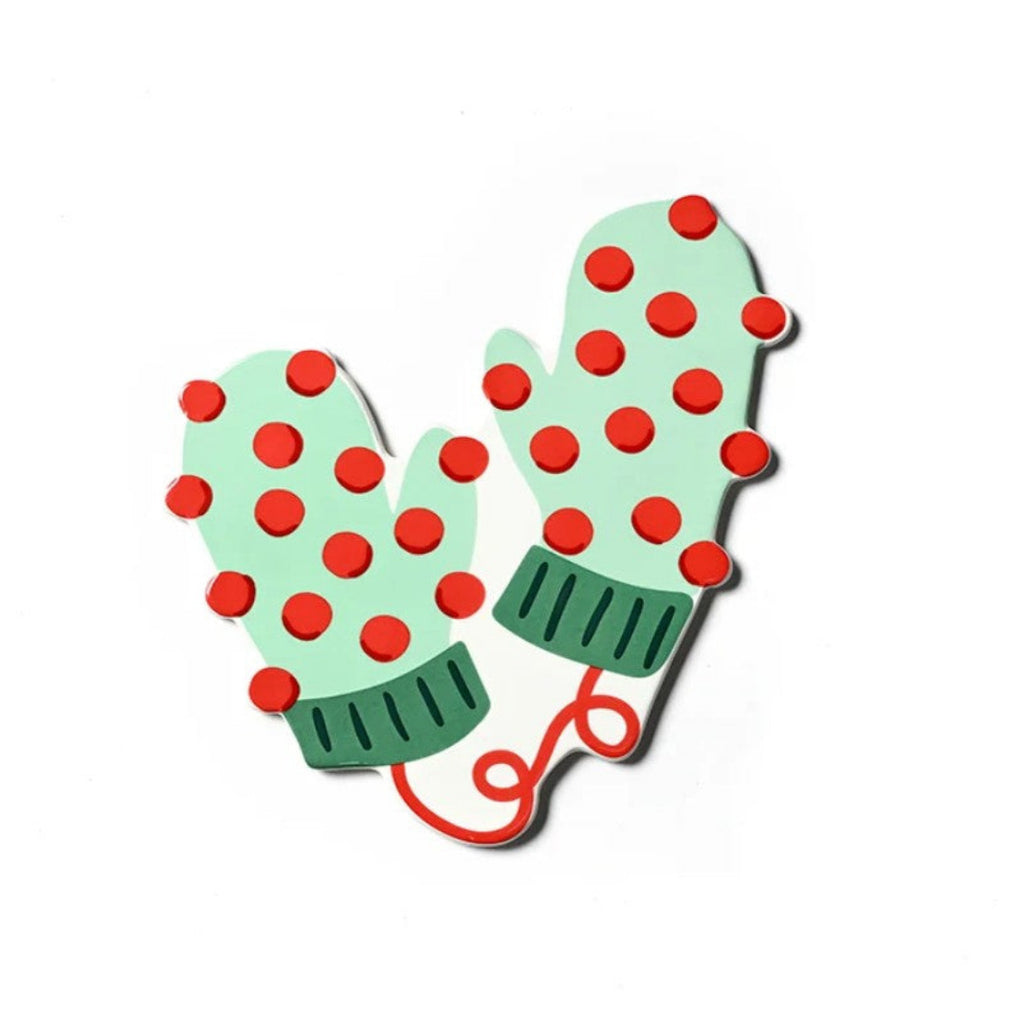 A pair of mint green knit mittens with red polka dots and dark green ribbed cuffs, shown on a plain white background.