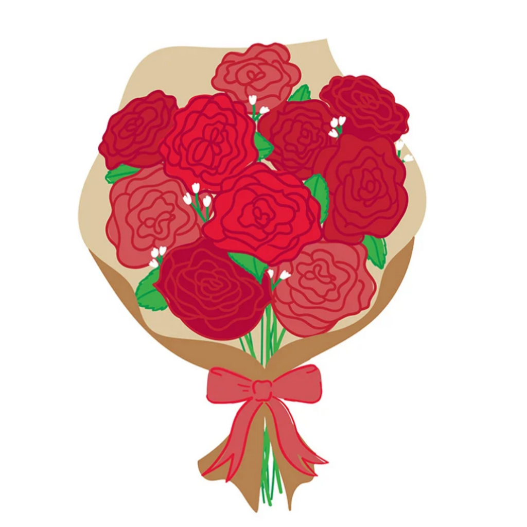 A stylized illustration of a bouquet of red and pink roses wrapped in beige paper with a red ribbon, shown on a plain white background.