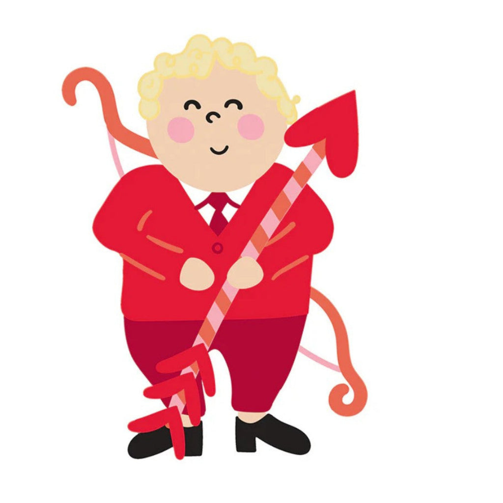 Cupid dressed in a red suite with bow and arrow