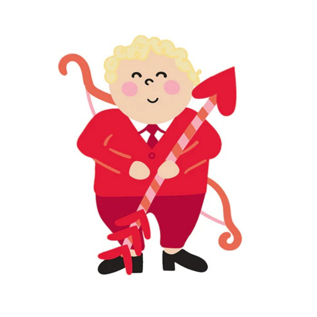 Cupid dressed up in a red suite with bow and arrow