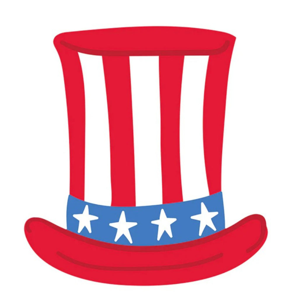 Red and white striped hat with blue band featuring white stars on a white background