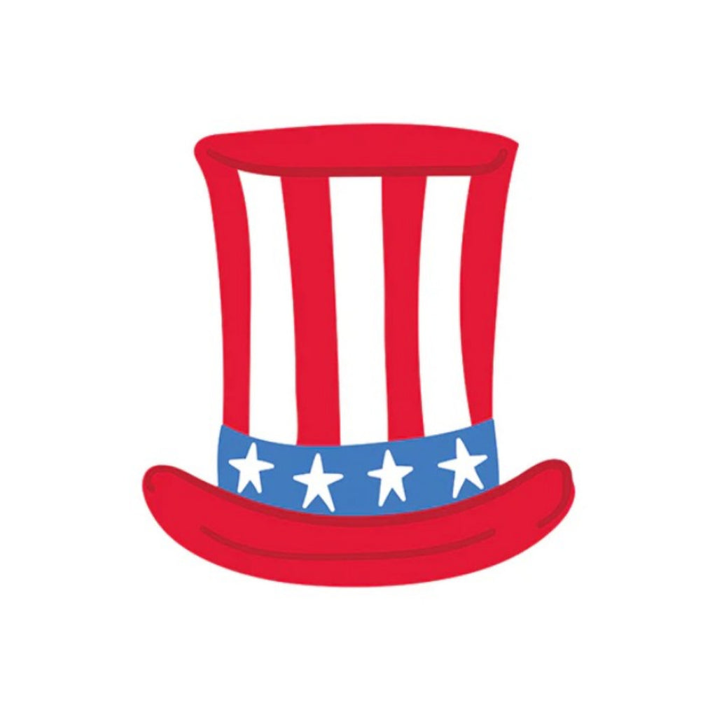 Red, white, and blue top hat with star design on a white background