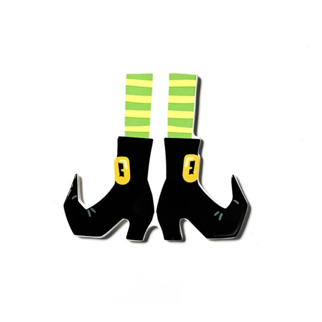 A pair of witch-style pointed black boots with yellow buckle details and green-and-yellow striped socks, shown on a plain white background.