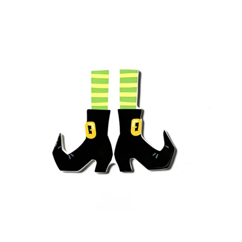 A pair of witch-style pointed black boots with bright lime green striped socks and yellow buckle details, shown on a plain white background.