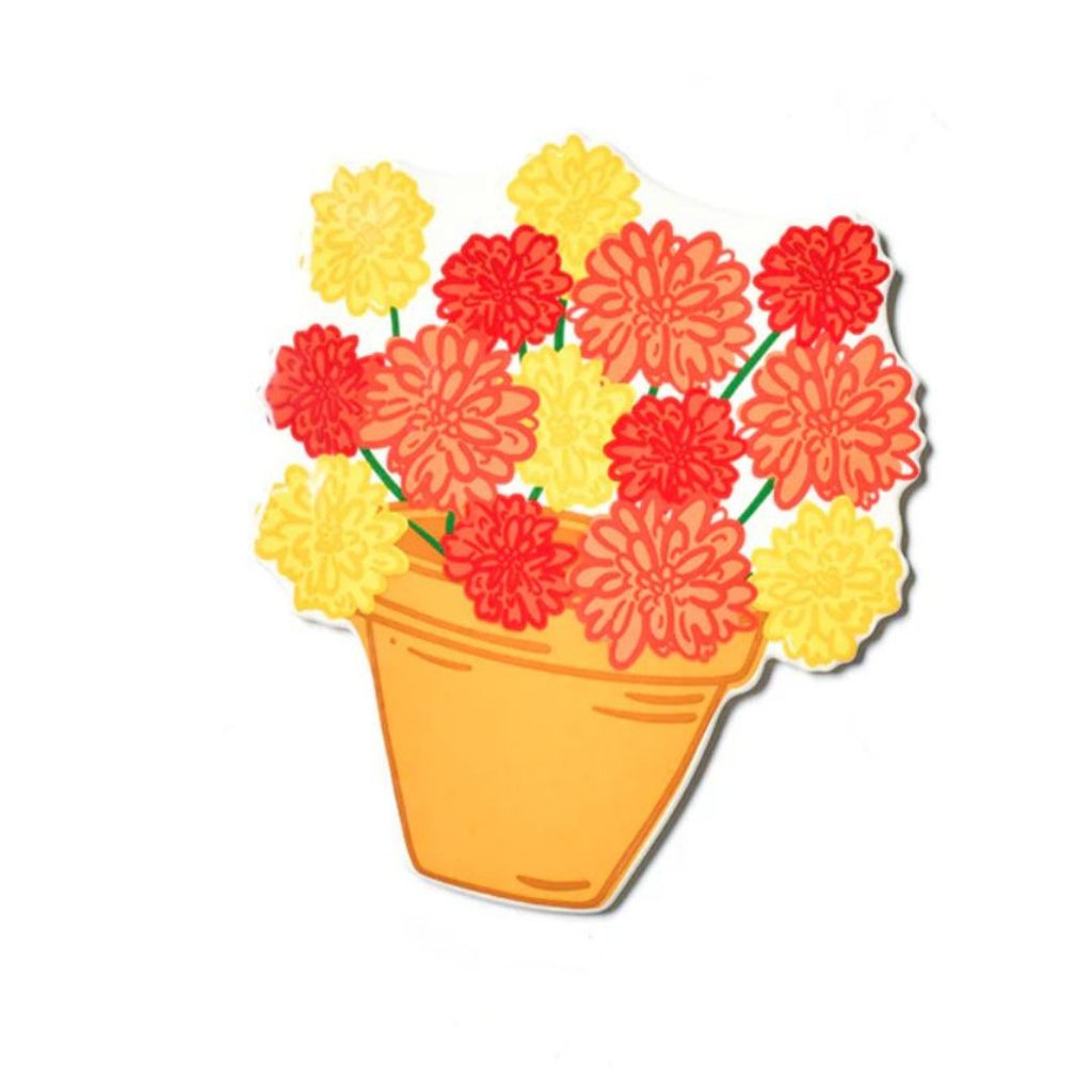 Orange flower pot with orange and yellow flowers