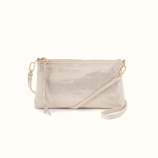 A metallic champagne-gold clutch bag with a matching wristlet strap and gold-tone hardware, shown against a plain white background.