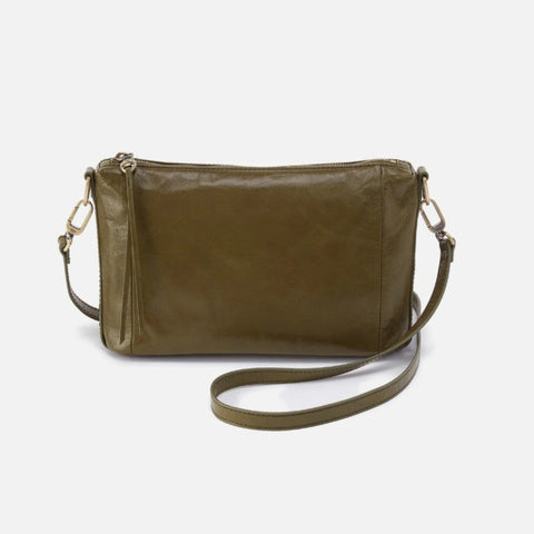 An olive green leather crossbody bag with a matching shoulder strap and gold-tone hardware, shown against a plain light gray background.