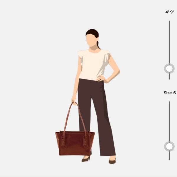 A stylized size guide showing a woman wearing a cream sleeveless top, dark wide-leg pants, and holding a brown tote bag, with text indicating 4'9" and Size 6 on a light gray background.