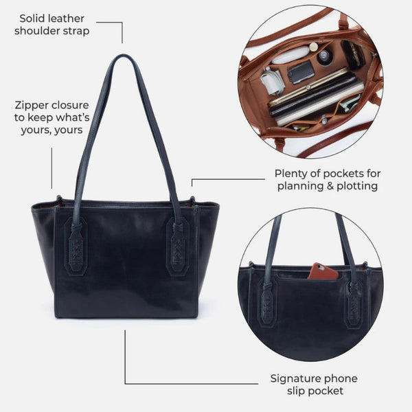 Black leather tote bag with callout labels and circular inset detail views showing the interior pockets and contents, on a light gray background.