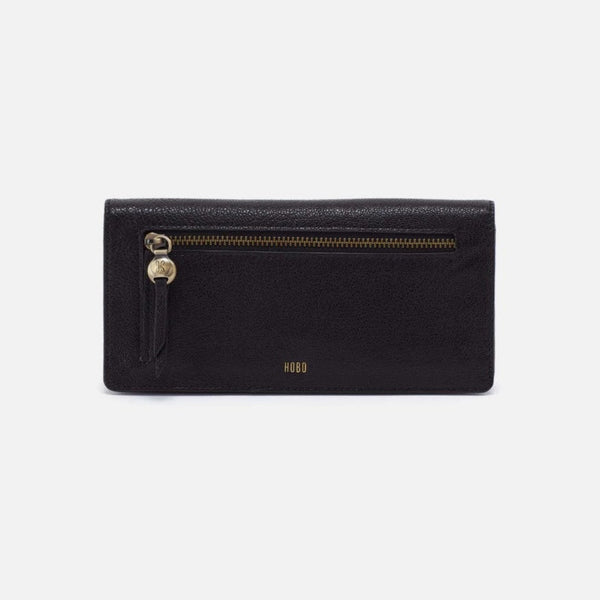A black textured leather zip-around wallet with a gold-tone zipper pull and a small gold 'HUBO' logo on the front, set against a plain light gray background.