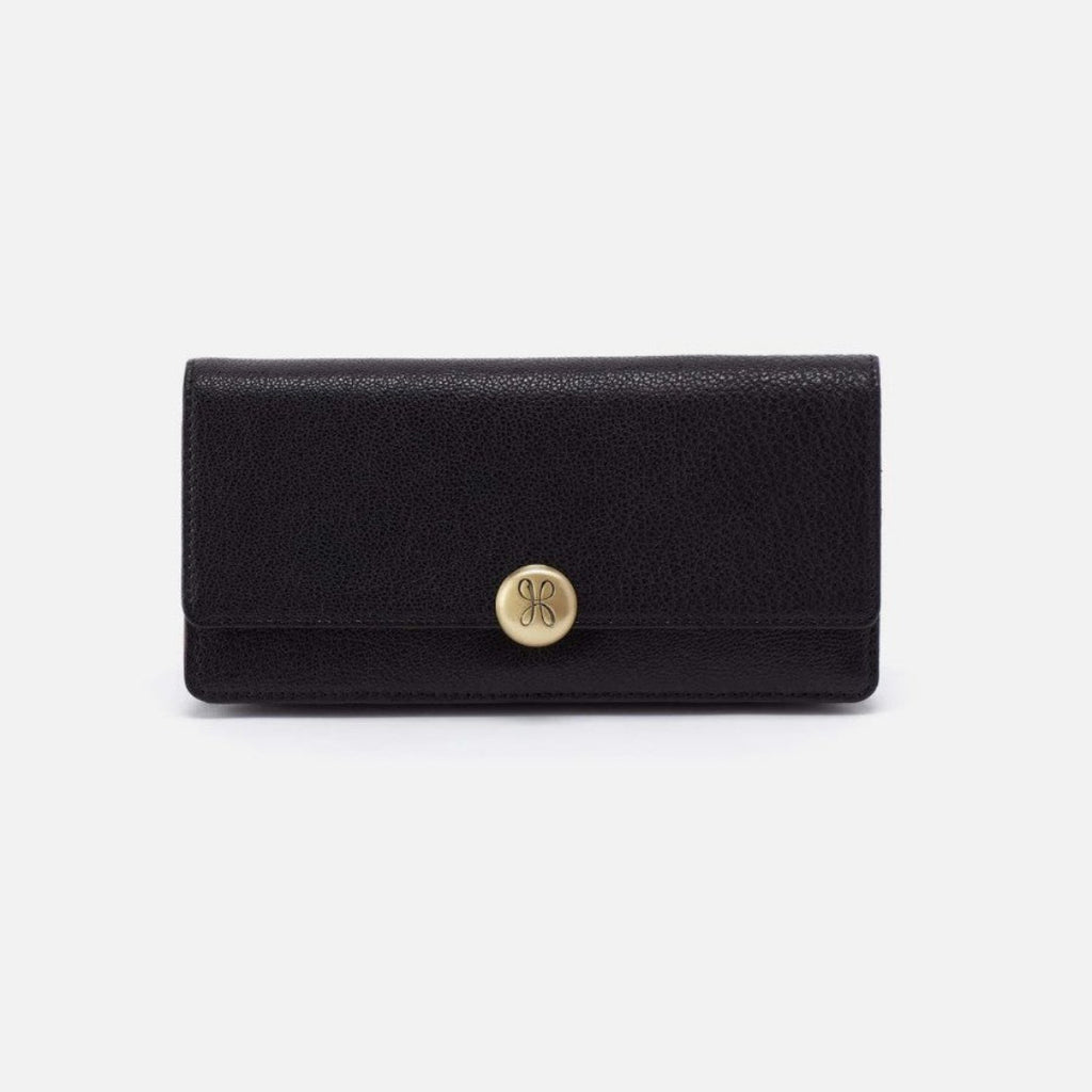A black pebbled leather long wallet with a gold-tone circular snap button featuring an interlocking 'JS' monogram logo, shown against a plain light gray background.