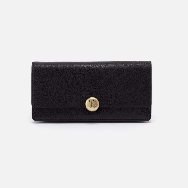 A black pebbled leather long wallet with a gold-tone circular snap button featuring an interlocking 'JS' monogram logo, shown against a plain light gray background.
