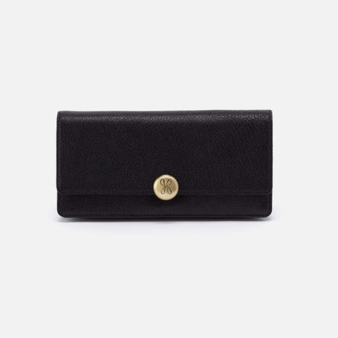 A black pebbled leather long wallet with a gold-tone circular snap button featuring an interlocking 'JS' monogram logo, shown against a plain light gray background.