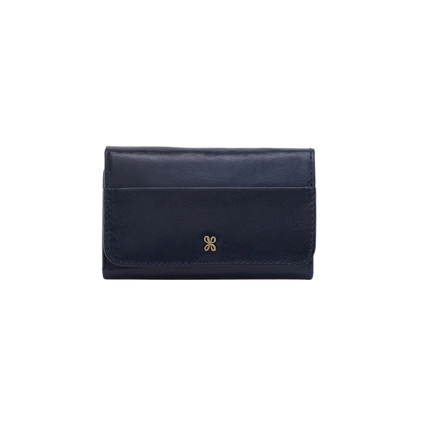 A navy blue leather wallet with a small gold-tone logo emblem on the front, shown against a plain white background.