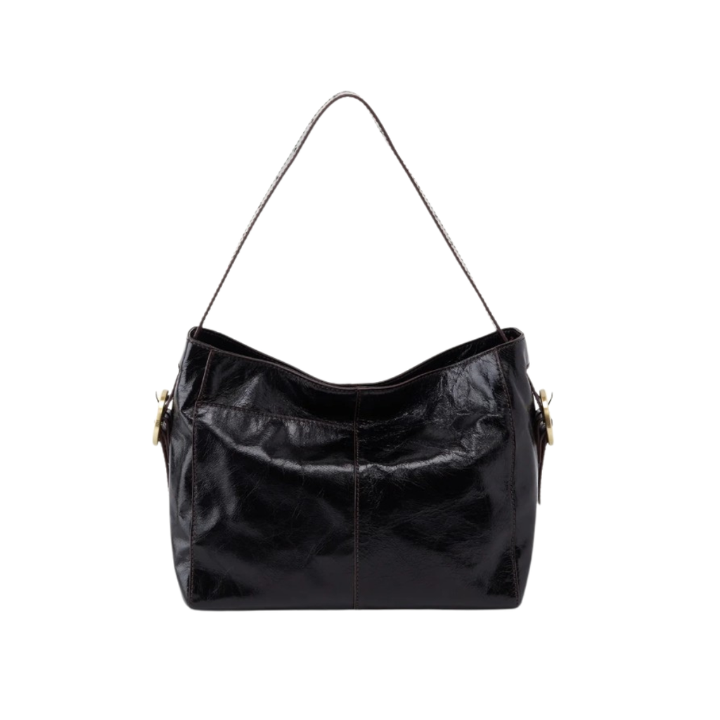 A black glossy leather shoulder bag with gold-tone hardware and a thin black chain strap, shown against a plain white background.