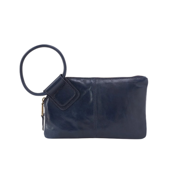 A navy blue leather clutch bag with a circular wrist strap and a gold-tone zipper pull, shown against a plain white background.