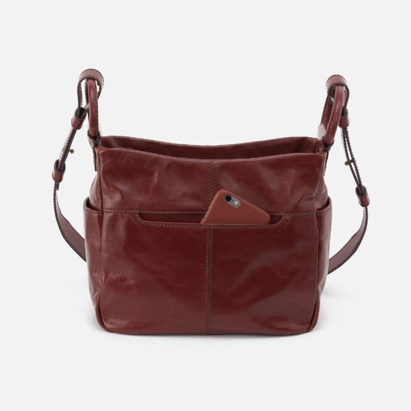 Back side view of wine colored crossbody