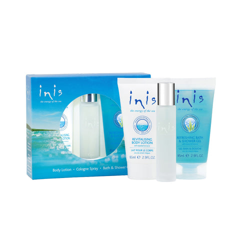 Blue box containing Travel Size Cologne Spray, Body Lotion and Bath & Shower Gel