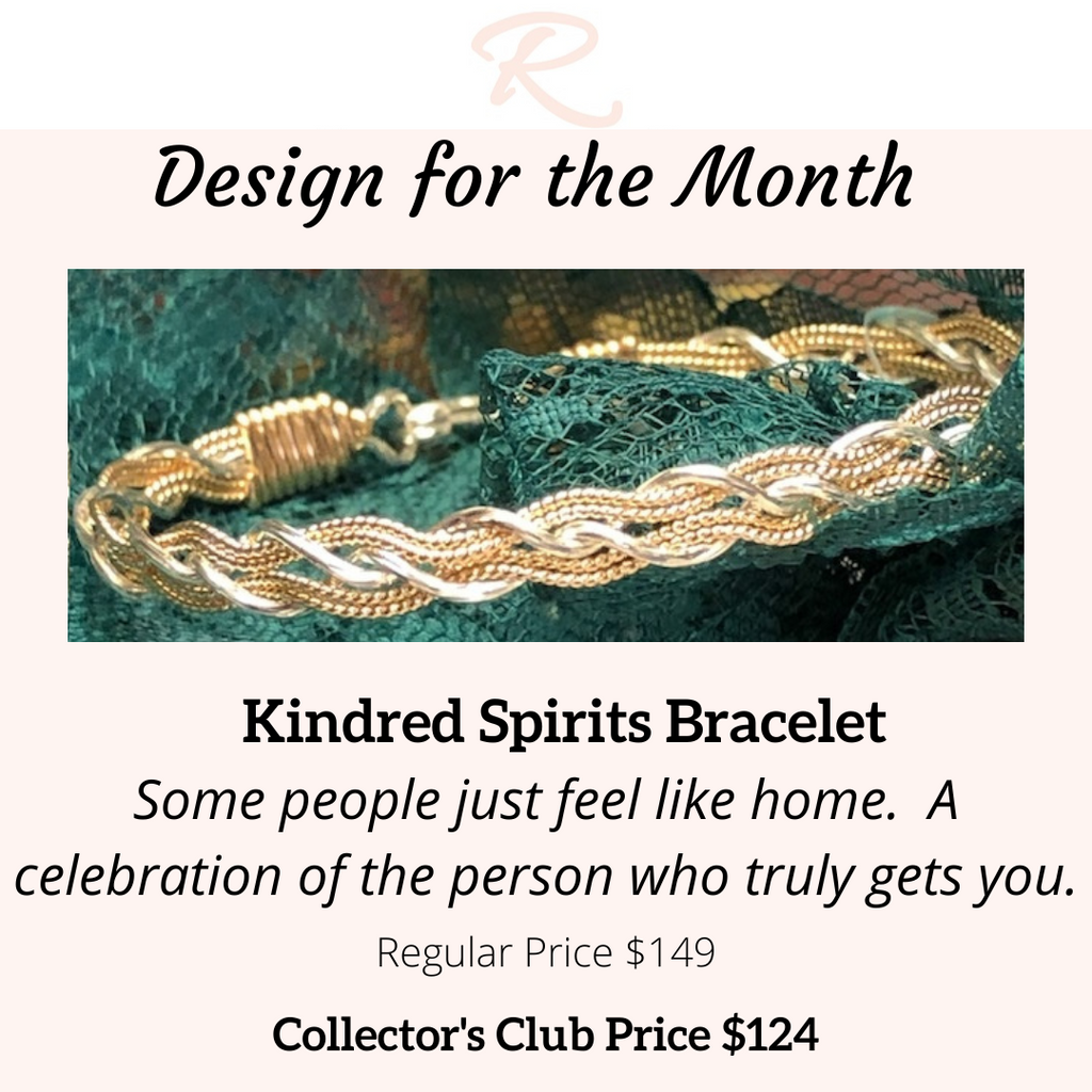 Gold braided bracelet on a textured green surface with promotional text.