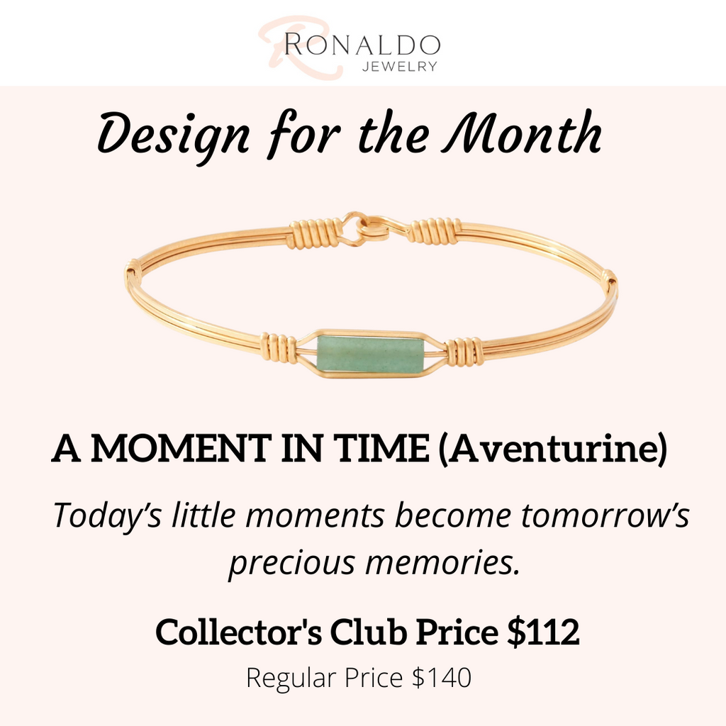 A gold bangle bracelet with a central green aventurine stone, presented on a light pink background with promotional text for 'Ronaldo Jewelry' and a 'Design for the Month' offer.