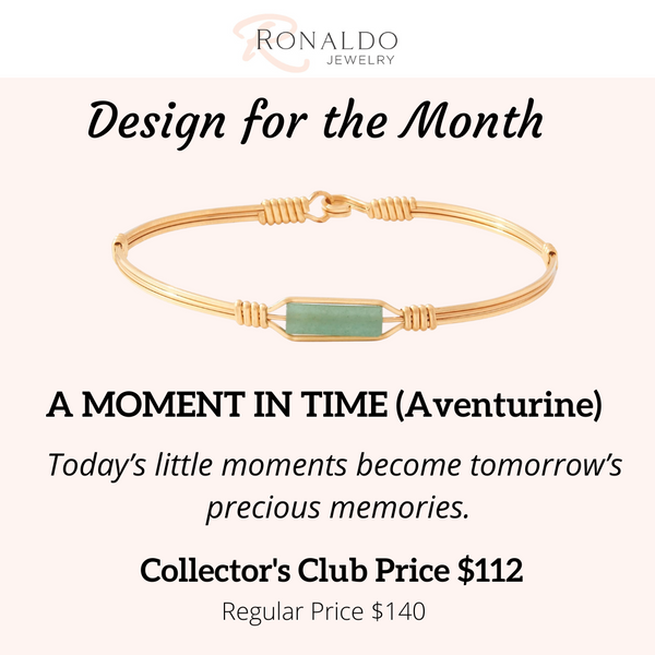 A gold bangle bracelet with a central green aventurine stone, presented on a light pink background with promotional text for 'Ronaldo Jewelry' and a 'Design for the Month' offer.