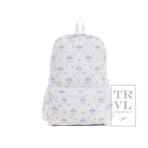 Blue airplanes on white background backpack