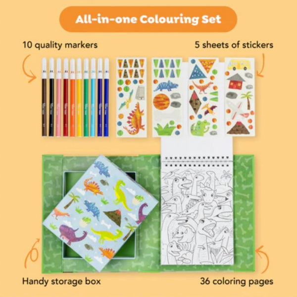 All-in-one colouring set with markers, stickers, coloring pages, and storage box on a yellow background