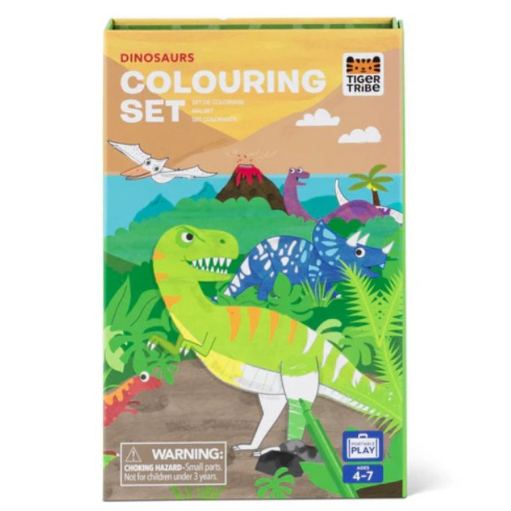 Dinosaur-themed colouring set packaging with illustrations of dinosaurs and a mountain landscape.