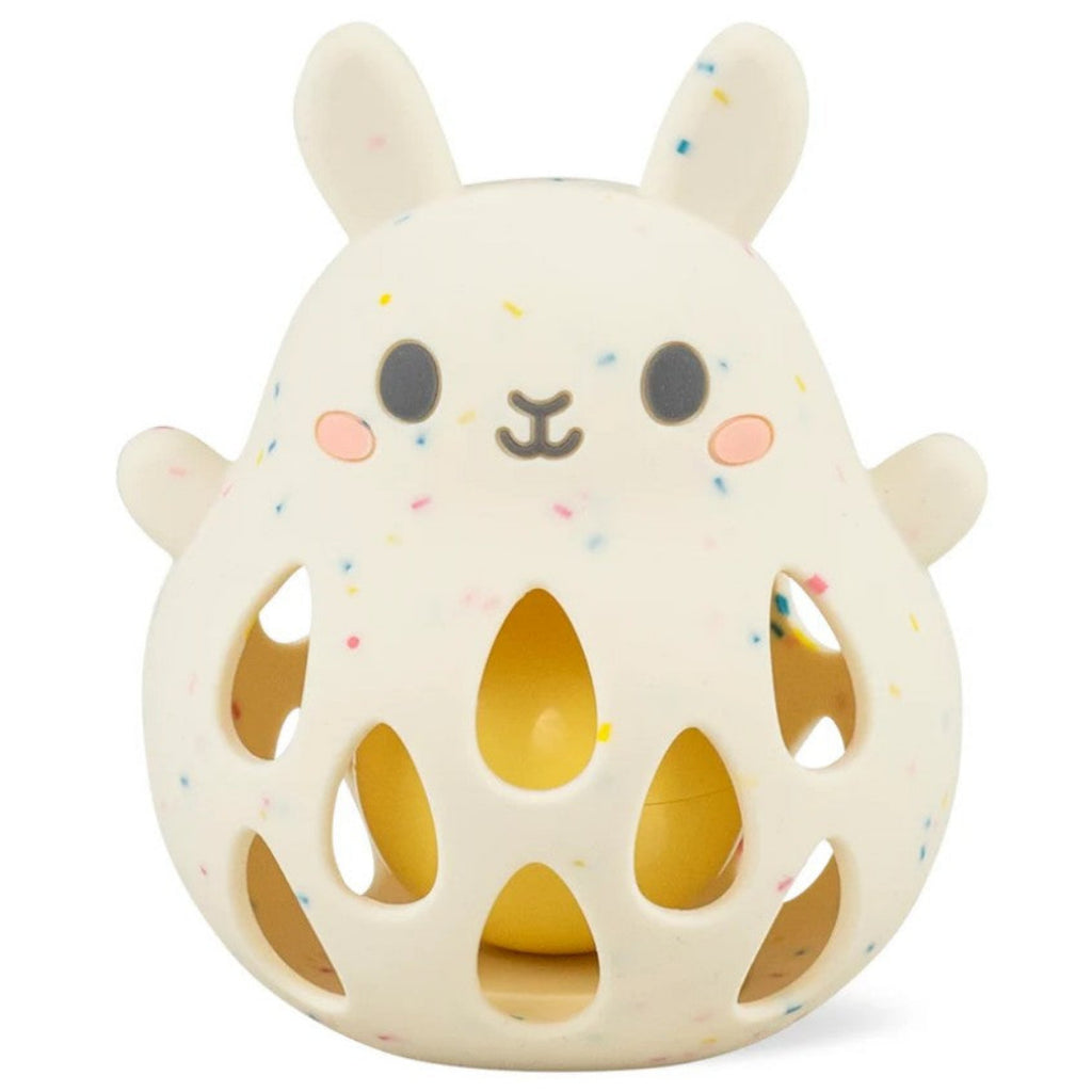 White rabbit-shaped rattle with a yellow center on a white background
