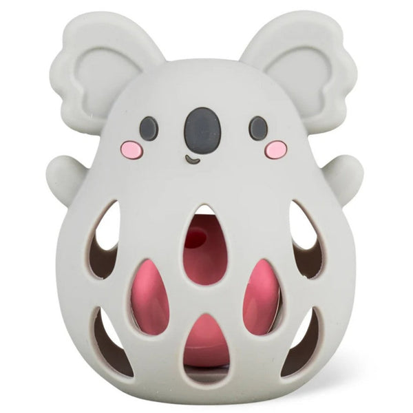 Gray Koala Baby Rattle with Pink Ball inside on white background
