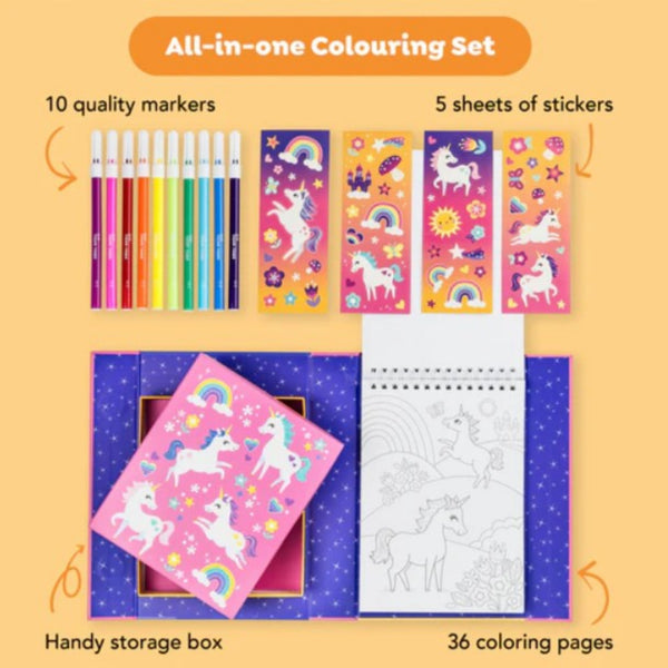 All-in-one coloring set with markers, stickers, storage box, and coloring pages on a yellow background
