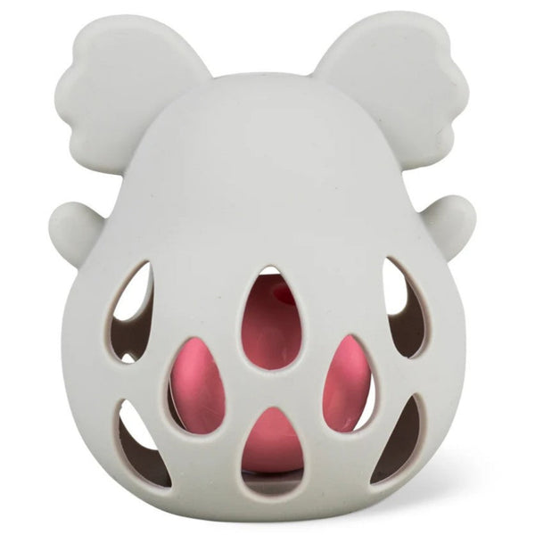 Backside view of Gray Koala Rattle with Pink Ball on white background